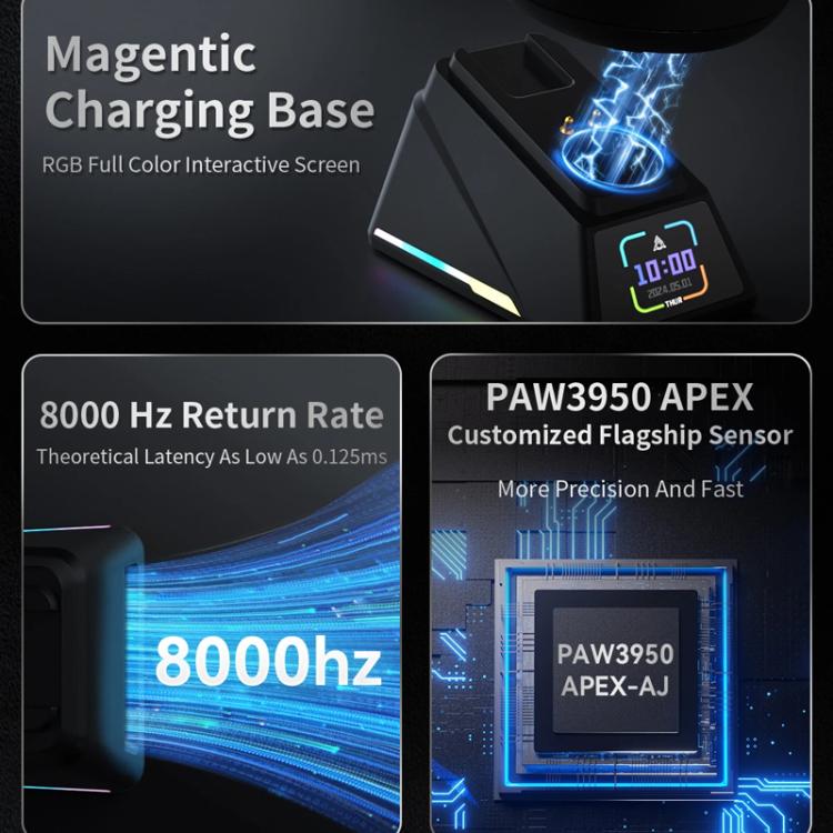 Mouse da gioco Ajazz AJ159 APEX PAW3395 wireless Tri-Mode leggero con dock di ricarica