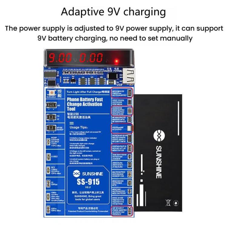 Per iPhone Android Riparazione del telefono cellulare Scheda di attivazione della carica della batteria Scheda di attivazione del test della batteria V9 Strumento, SUNSHINE SS-915