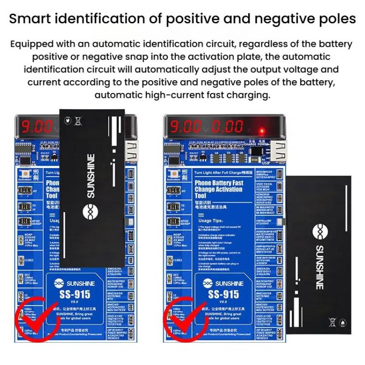 Per iPhone Android Riparazione del telefono cellulare Scheda di attivazione della carica della batteria Scheda di attivazione del test della batteria V9 Strumento, SUNSHINE SS-915