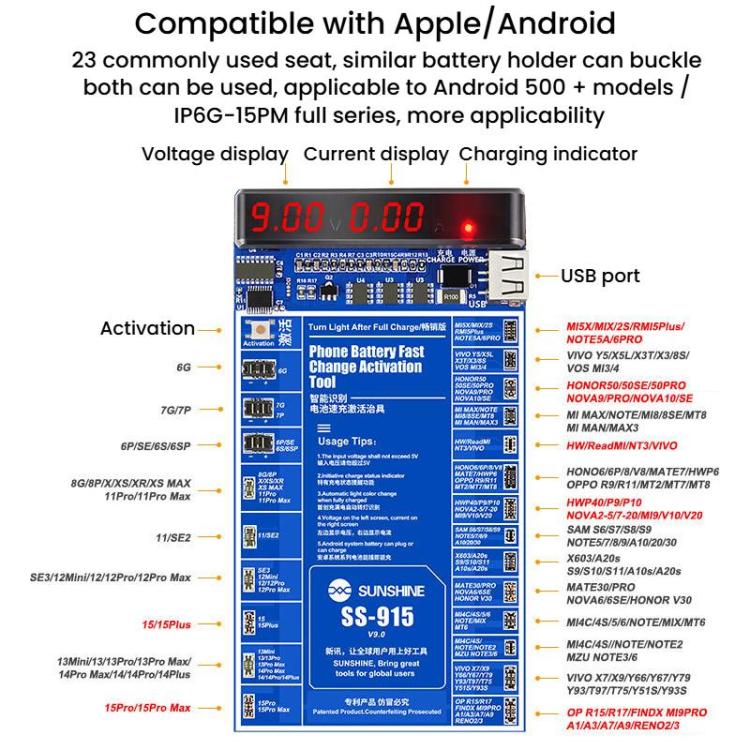 Per iPhone Android Riparazione del telefono cellulare Scheda di attivazione della carica della batteria Scheda di attivazione del test della batteria V9 Strumento, SUNSHINE SS-915