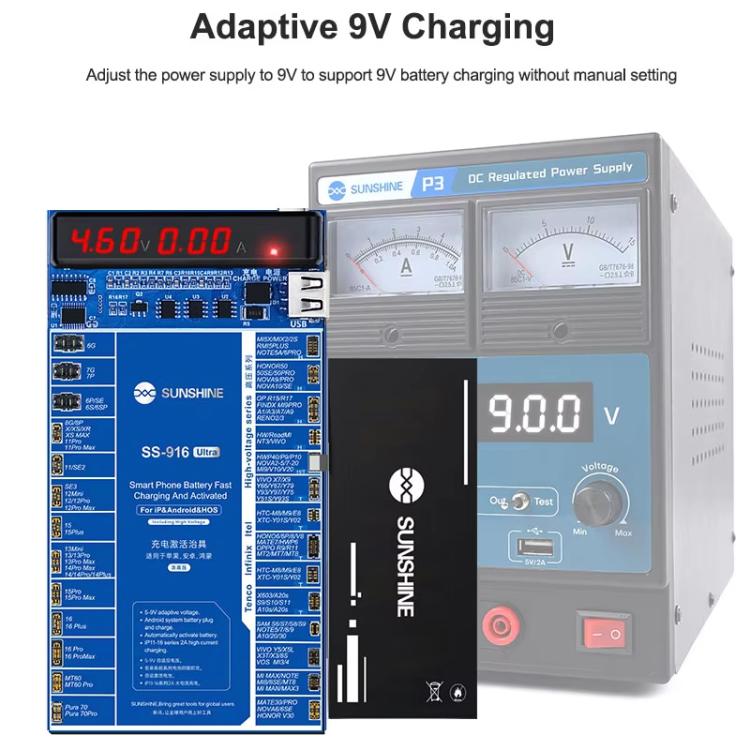 Dispositivo di attivazione della ricarica Supporto tensione adattiva 5-9 V per iPhone serie 16 e modelli Android, SUNSHINE SS-916 Ultra