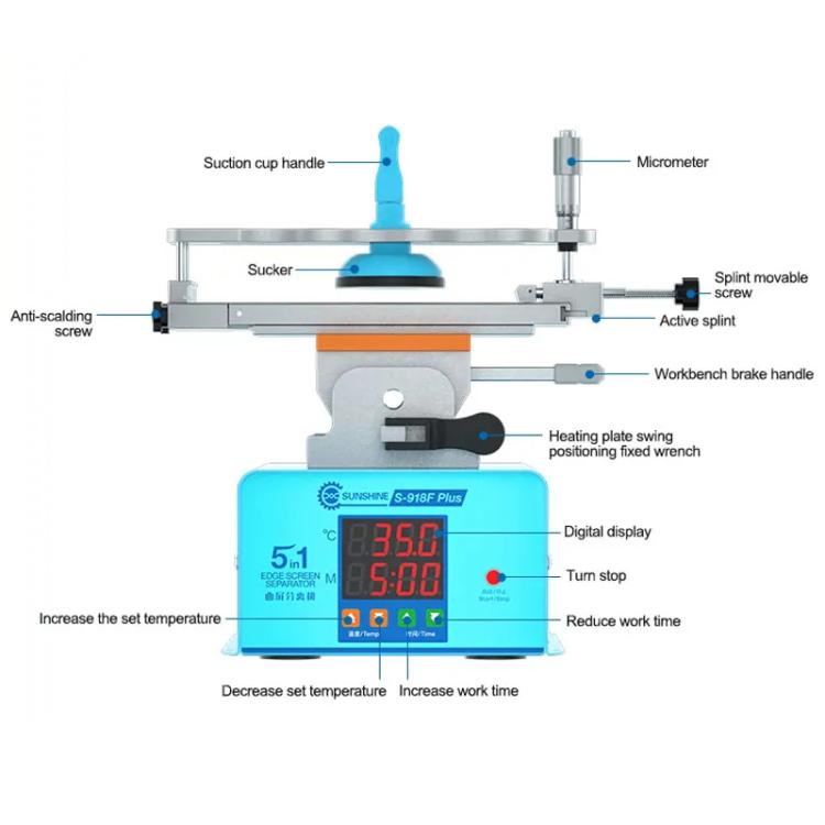 SUNSHINE S-918F Plus 5 In 1 Curved Screen Separator Mobile Phone LCD Screen Repair Separator Heating Platform