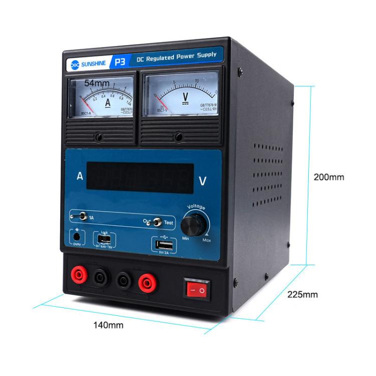 SUNSHINE P3 DC Regulated Power Supply 5V/8.4V/15V Switching Mobile Phone Repair Regulated Power Supply Meter, US Plug 110V, EU Plug 220V