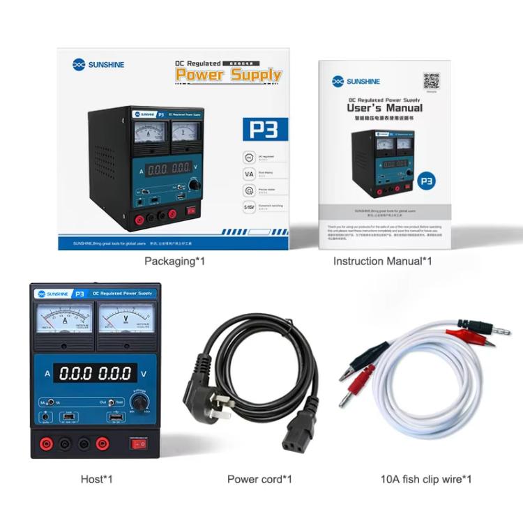 SUNSHINE P3 DC Regulated Power Supply 5V/8.4V/15V Switching Mobile Phone Repair Regulated Power Supply Meter, US Plug 110V, EU Plug 220V