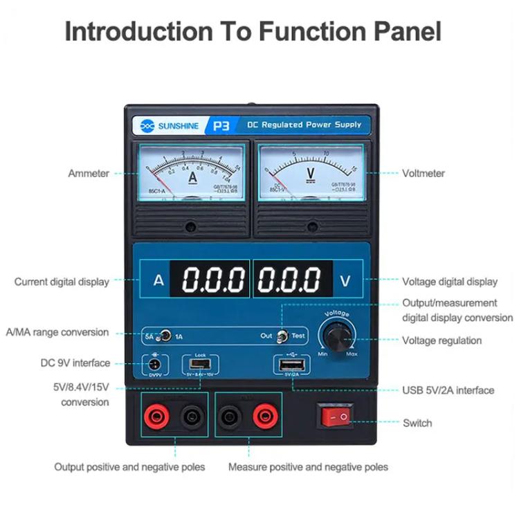 SUNSHINE P3 DC Regulated Power Supply 5V/8.4V/15V Switching Mobile Phone Repair Regulated Power Supply Meter, US Plug 110V, EU Plug 220V