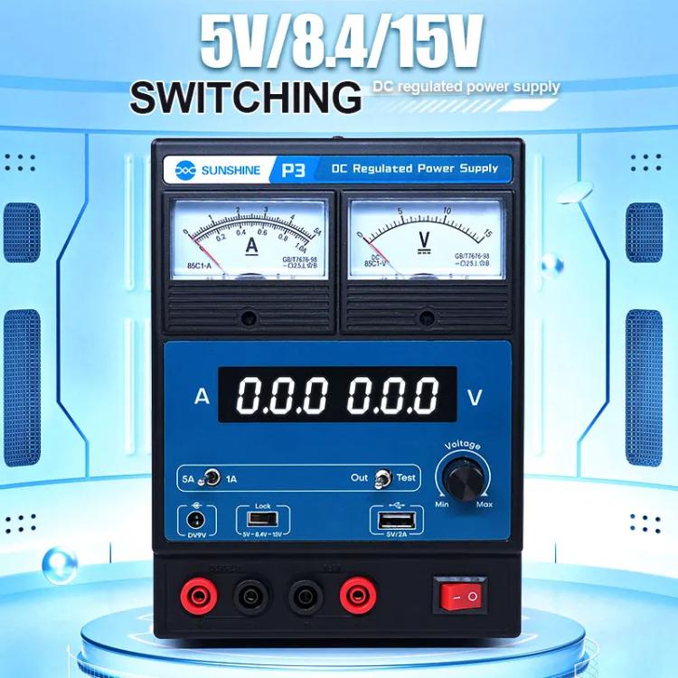 SUNSHINE P3 DC Regulated Power Supply 5V/8.4V/15V Switching Mobile Phone Repair Regulated Power Supply Meter, US Plug 110V, EU Plug 220V