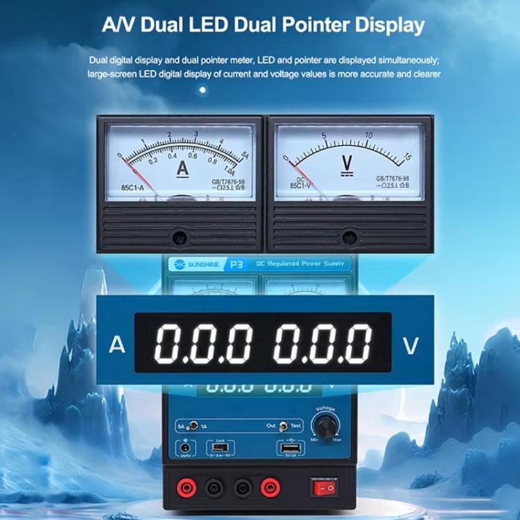 SUNSHINE P3 DC Regulated Power Supply 5V/8.4V/15V Switching Mobile Phone Repair Regulated Power Supply Meter, US Plug 110V, EU Plug 220V