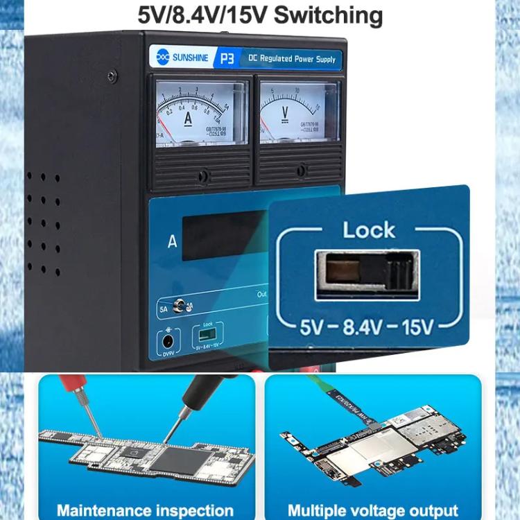 SUNSHINE P3 DC Regulated Power Supply 5V/8.4V/15V Switching Mobile Phone Repair Regulated Power Supply Meter, US Plug 110V, EU Plug 220V