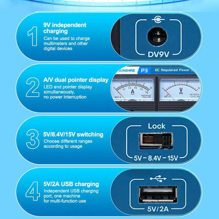 SUNSHINE P3 DC Regulated Power Supply 5V/8.4V/15V Switching Mobile Phone Repair Regulated Power Supply Meter, US Plug 110V, EU Plug 220V