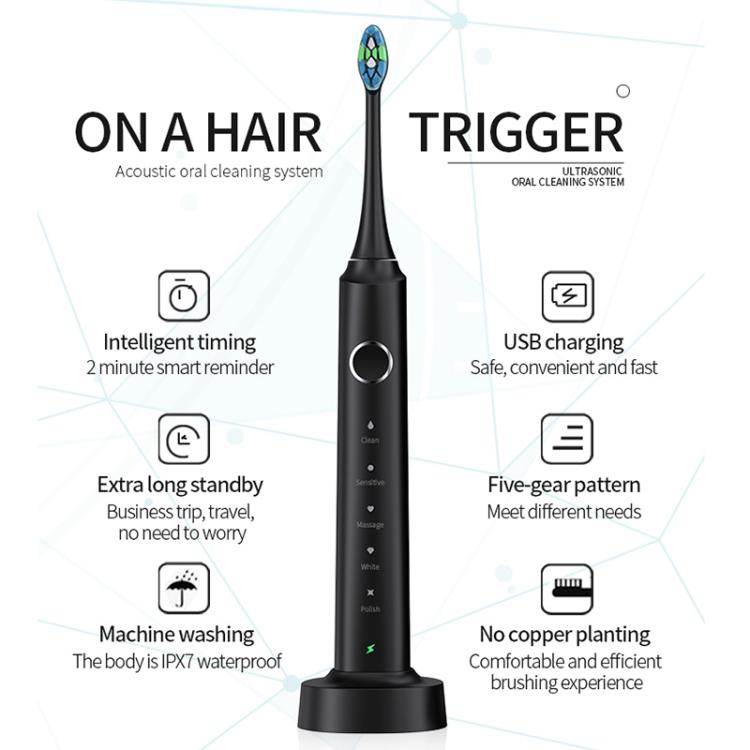 Spazzolino elettrico sonico portatile intelligente impermeabile IPX7 con 6 testine