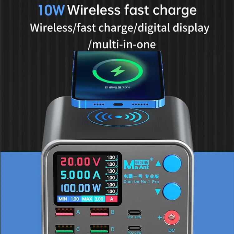 MaAnt DianBa No.1 Pro Caricabatterie multiporta 9 porte con display digitale Caricabatterie wireless, DianBa No.1 Pro, EU Plug