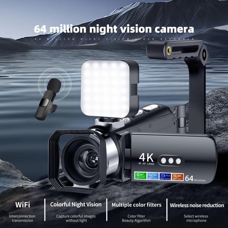 Videocamera digitale WiFi HD 4K senza luce e visione notturna colorata, Black, Black + Fill Light, Black + Lens Hood, Black + Wireless Noise Reduction Microphone, Black + Bracket, Black 4pcs /Set, Red, Red + Fill Light, Red + Lens Hood�����������������...