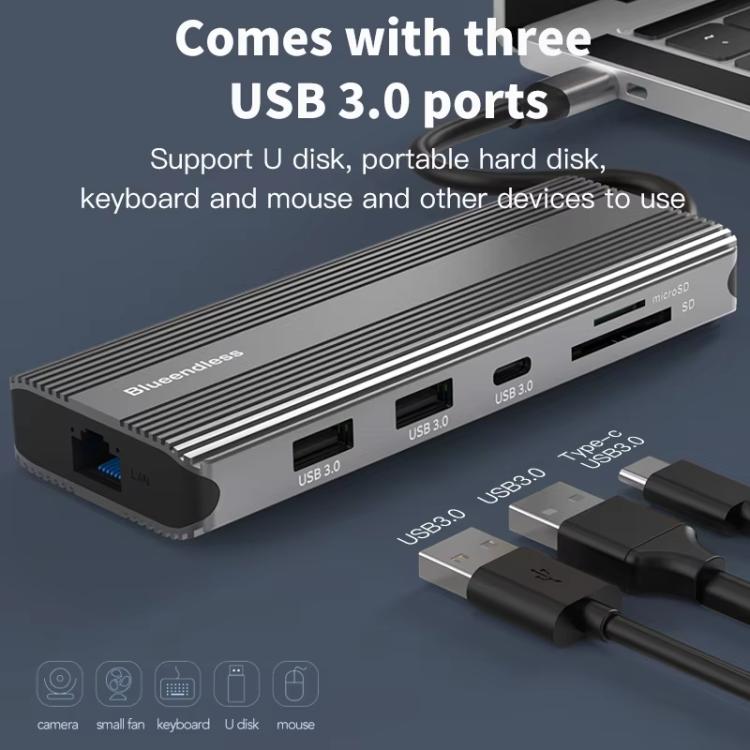 Stazione di docking di rete Gigabit HD multifunzionale di tipo C Blueendless, 10-in-1 DP+HDMI Dual 8K, 10-in-1 Dual HDMI 8K+4K