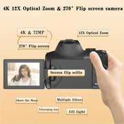 4K 72MP 12X Optical Zoom Student Digital Camera WiFi HD Video Camera With 3 Inch Flip Screen, W3