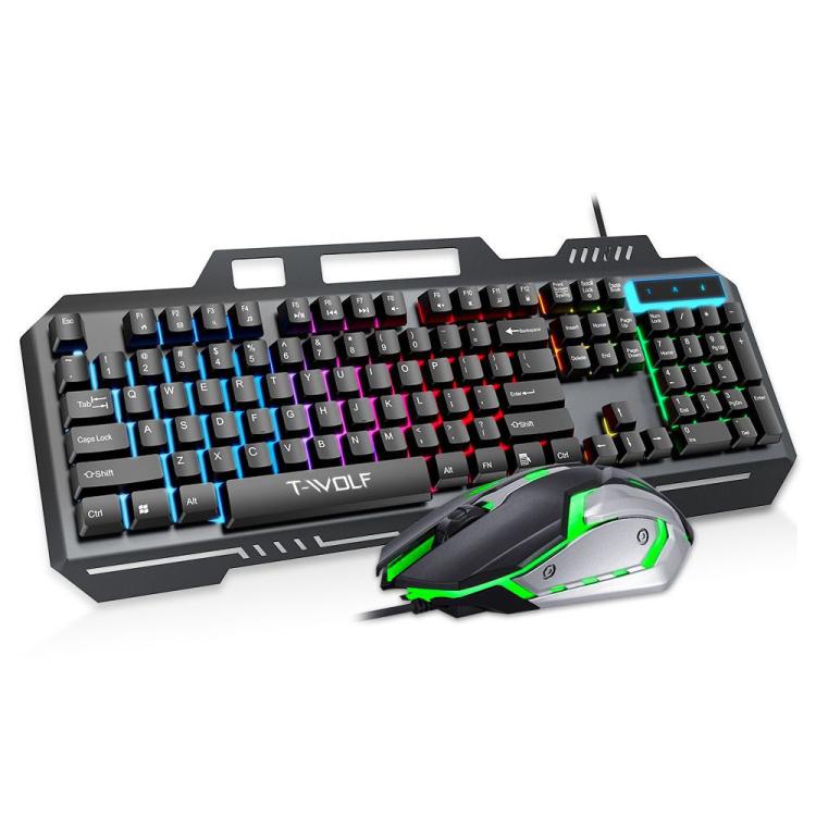 T-WOLF TF600 104-Key Wired Backlit Keyboard and Mouse Combo with Metal Panel & Phone Stand