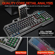 T-WOLF TF600 104-Key Wired Backlit Keyboard and Mouse Combo with Metal Panel & Phone Stand