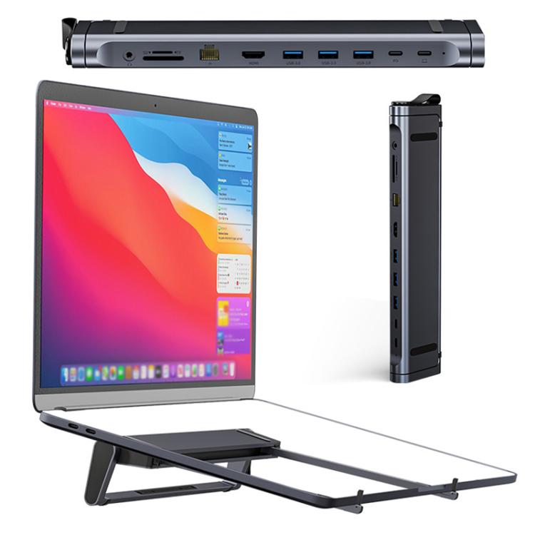 9 In 1 Hub Computer Stand Aluminum Alloy Folding PD Fast Charging With LAN Docking Station Laptop Bracket, 9 In 1 (Dark Metallic Color)