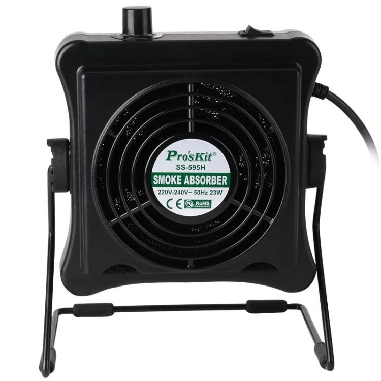 Aspiratore per fumi di saldatura ProsKit SS-595H con funzione di soffiaggio/aspirazione e supporto regolabile per parete/scrivania.