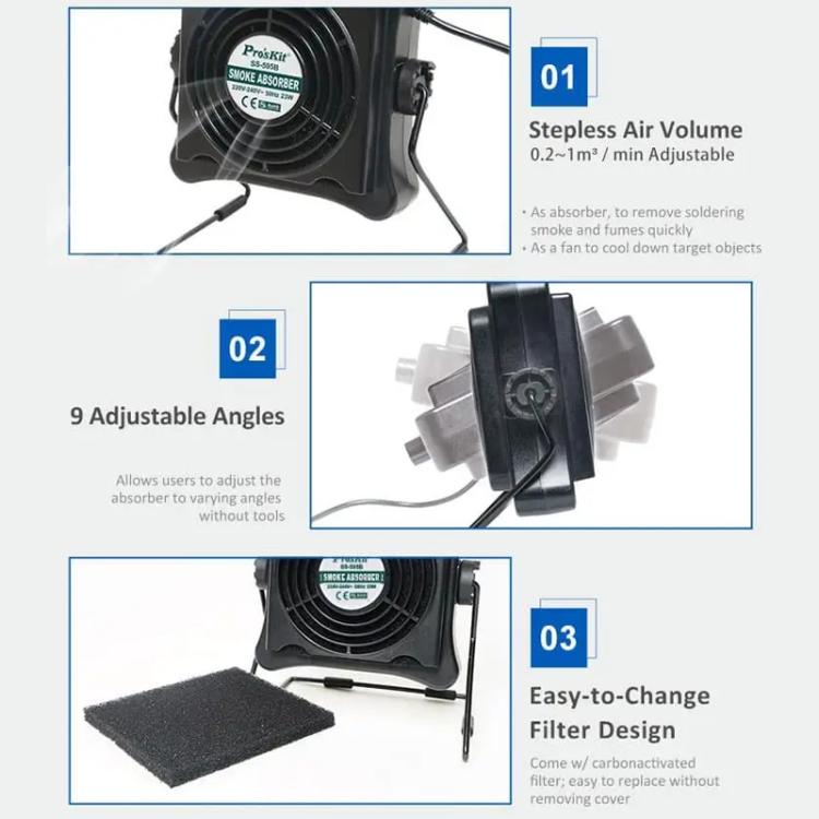 Aspiratore per fumi di saldatura ProsKit SS-595H con funzione di soffiaggio/aspirazione e supporto regolabile per parete/scrivania.