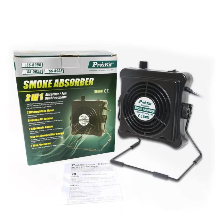 Aspiratore per fumi di saldatura ProsKit SS-595H con funzione di soffiaggio/aspirazione e supporto regolabile per parete/scrivania.