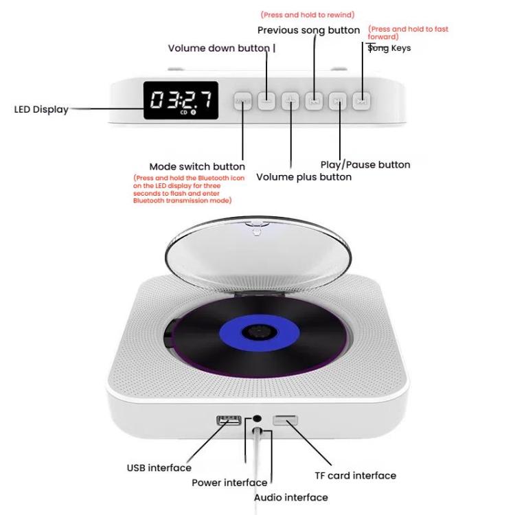 Lettore CD Bluetooth da parete Kecag KC-807 con staffa