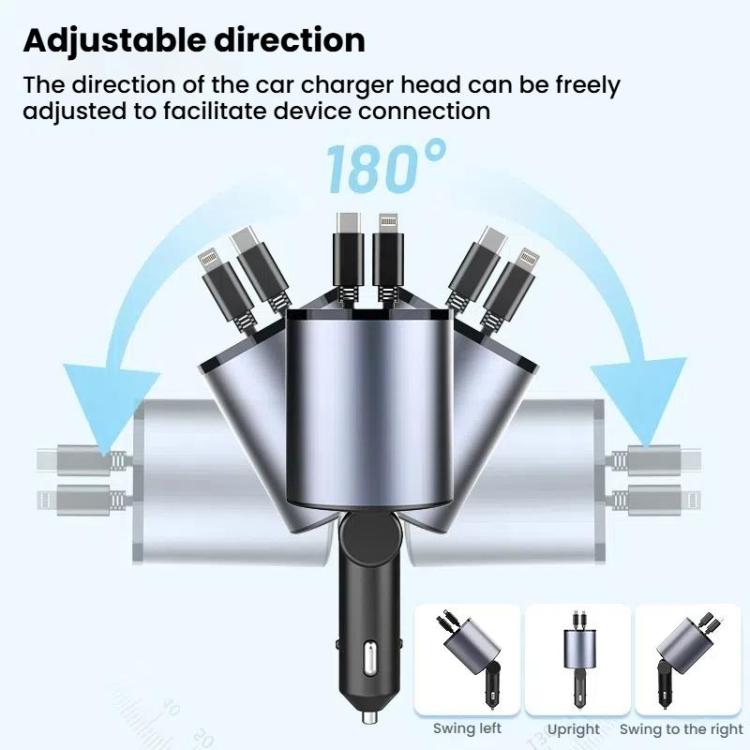 Caricabatterie per accendisigari da auto con cavo retrattile in metallo da 100 W, 8 Pin+TYPE-C, 8 Pin+8 Pin (2.4A), TYPE-C+TYPE-C (PD+QC)