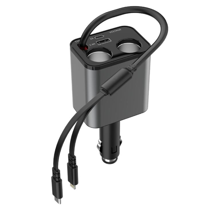 Caricabatterie da auto USB retrattile da 120 W con ricarica rapida da 1 a 2 e spina per accendisigari.