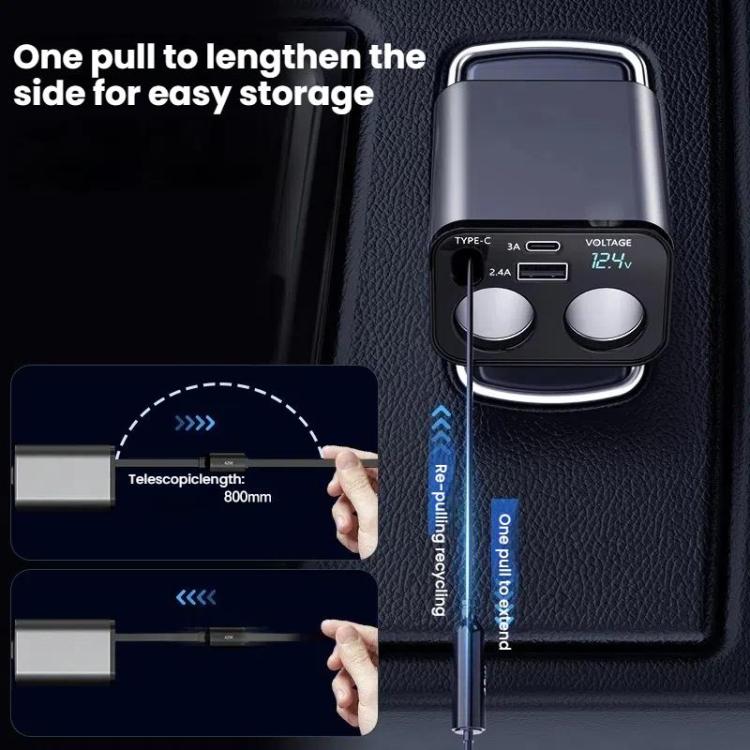 Caricabatterie da auto USB retrattile da 120 W con ricarica rapida da 1 a 2 e spina per accendisigari.