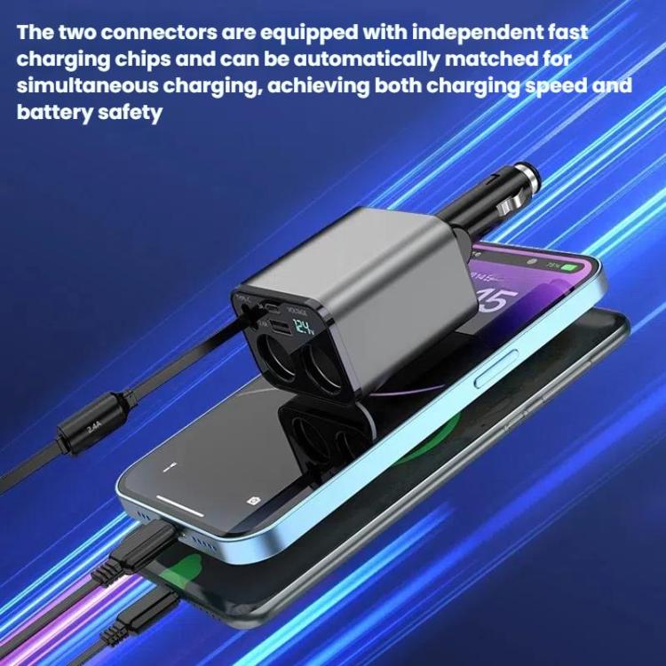 Caricabatterie da auto USB retrattile da 120 W con ricarica rapida da 1 a 2 e spina per accendisigari.