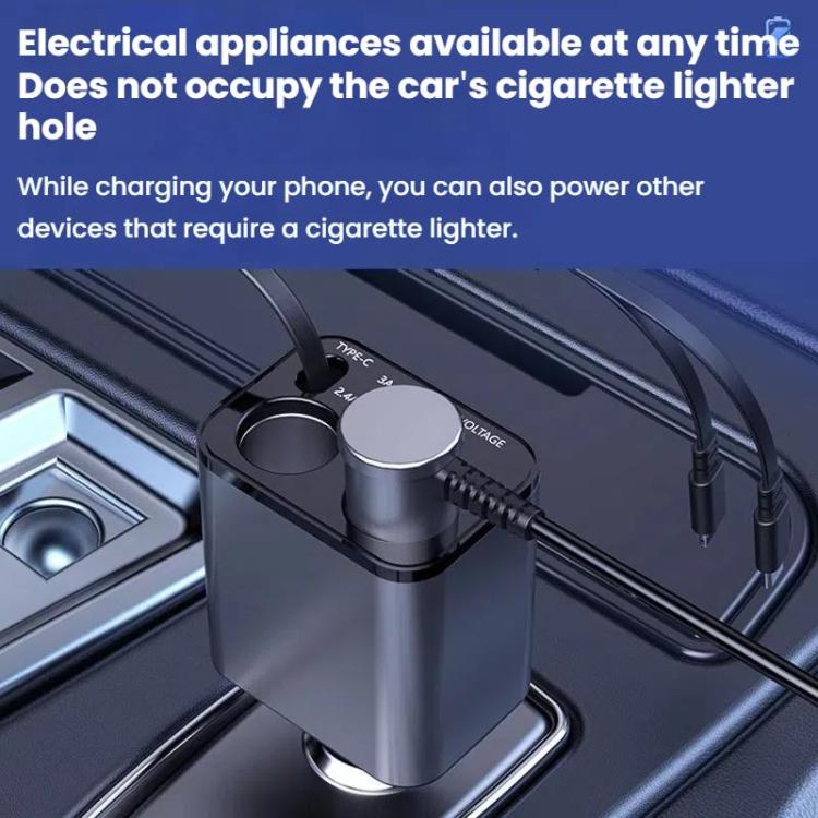 Caricabatterie da auto USB retrattile da 120 W con ricarica rapida da 1 a 2 e spina per accendisigari.
