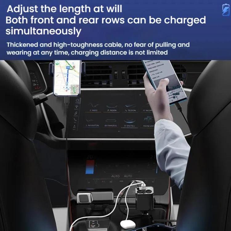 Caricabatterie da auto USB retrattile da 120 W con ricarica rapida da 1 a 2 e spina per accendisigari.