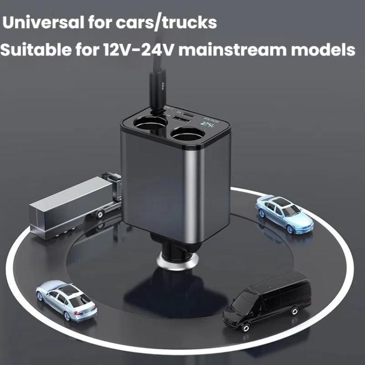 Caricabatterie da auto USB retrattile da 120 W con ricarica rapida da 1 a 2 e spina per accendisigari.