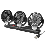 Ventilatore per auto F4505 a tre teste girevoli, ventilatore pieghevole a 3 vie per auto., USB Port 5V, Cigarette Lighter Port 12V, Cigarette Lighter Port 24V