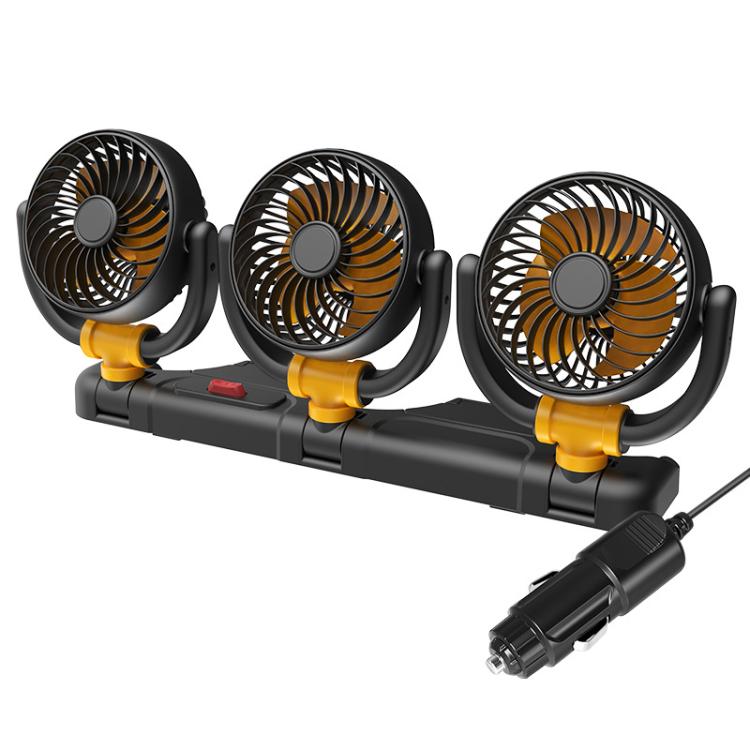 Ventilatore per auto F4505 a tre teste girevoli, ventilatore pieghevole a 3 vie per auto., USB Port 5V, Cigarette Lighter Port 12V, Cigarette Lighter Port 24V