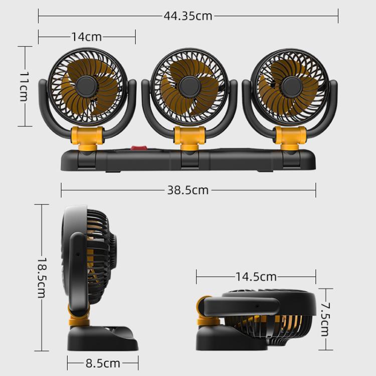 Ventilatore per auto F4505 a tre teste girevoli, ventilatore pieghevole a 3 vie per auto., USB Port 5V, Cigarette Lighter Port 12V, Cigarette Lighter Port 24V
