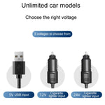 Ventilatore per auto F4505 a tre teste girevoli, ventilatore pieghevole a 3 vie per auto., USB Port 5V, Cigarette Lighter Port 12V, Cigarette Lighter Port 24V