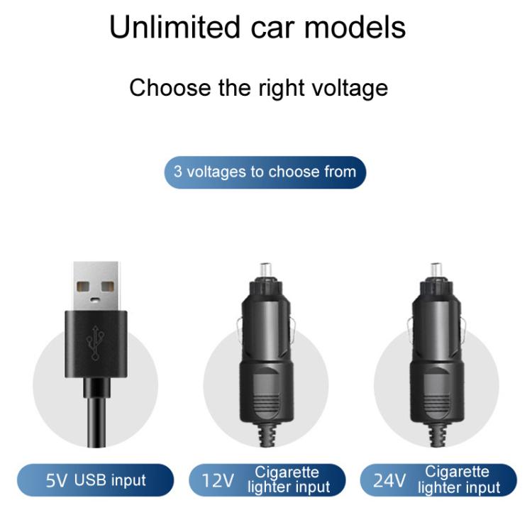 Ventilatore per auto F4505 a tre teste girevoli, ventilatore pieghevole a 3 vie per auto., USB Port 5V, Cigarette Lighter Port 12V, Cigarette Lighter Port 24V