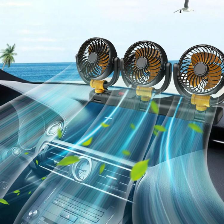 Ventilatore per auto F4505 a tre teste girevoli, ventilatore pieghevole a 3 vie per auto., USB Port 5V, Cigarette Lighter Port 12V, Cigarette Lighter Port 24V