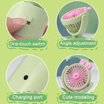 Ventilatore da tavolo a forma di coniglio dei cartoni animati, ricaricabile tramite USB, portatile, con direzione del vento regolabile in altezza.