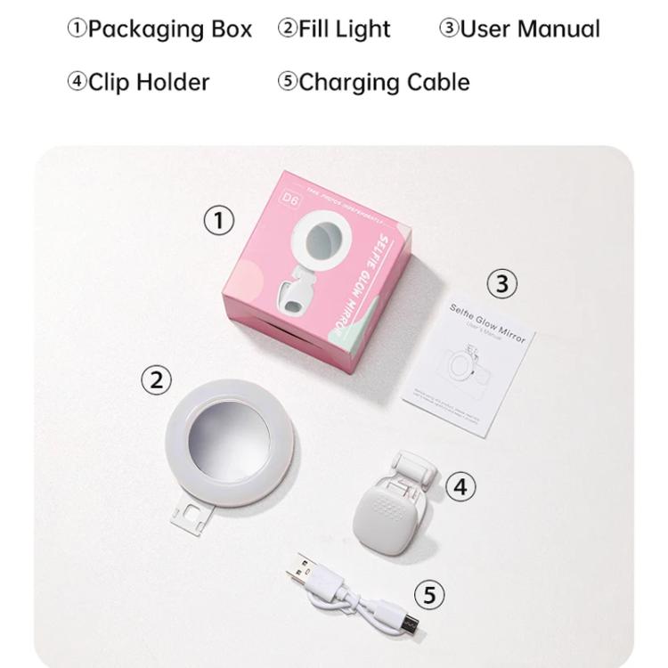 Anello luminoso per selfie con clip e specchio, ricaricabile, portatile, ideale per il trucco, con 3 temperature di colore regolabili.