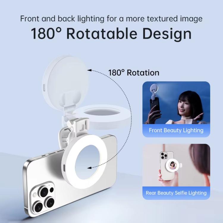 Anello luminoso per selfie con clip e specchio, ricaricabile, portatile, ideale per il trucco, con 3 temperature di colore regolabili.