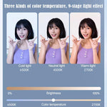 Anello luminoso per selfie con clip e specchio, ricaricabile, portatile, ideale per il trucco, con 3 temperature di colore regolabili.
