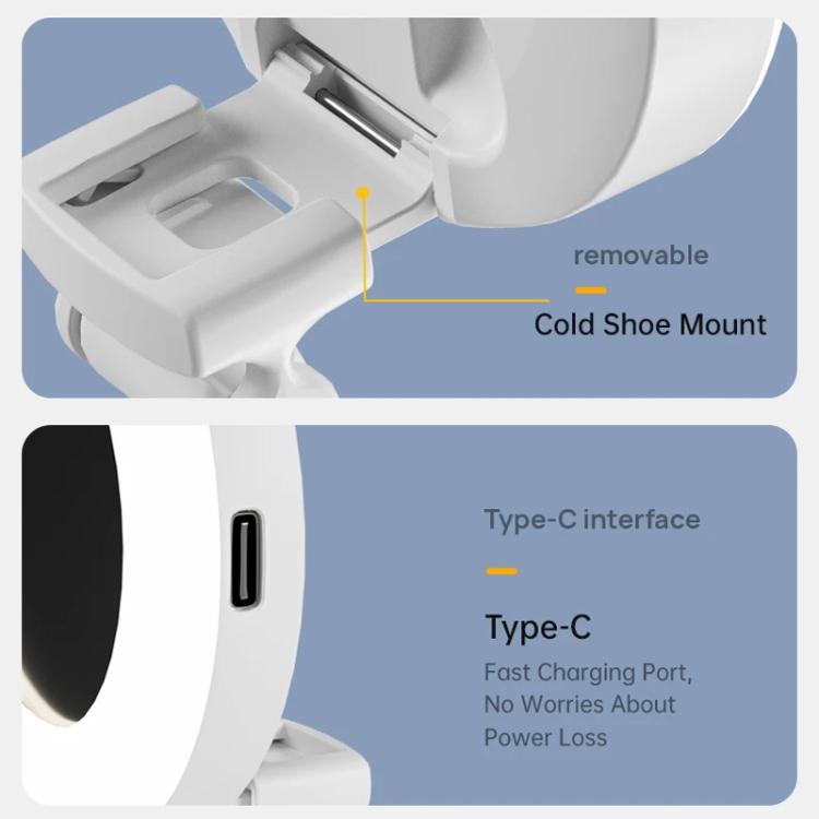 Anello luminoso per selfie con clip e specchio, ricaricabile, portatile, ideale per il trucco, con 3 temperature di colore regolabili.
