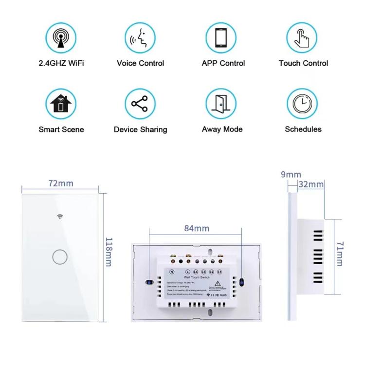 Interruttore antincendio singolo intelligente Wi-Fi per graffiti, calibro 120 USA, modello 120., 1-Gang White, 2-Gang White, 1-Gang Black, 2-Gang Black, 1-Gang Gold, 2-Gang Gold