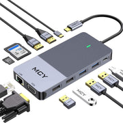 MCY 12-In-1 USB-C Hub With Triple Monitor Support (1000Mbps Lan+VGA+USB3.0/USB2.0+SD/TF+2 HDMI 4K 30Hz+85W PD）