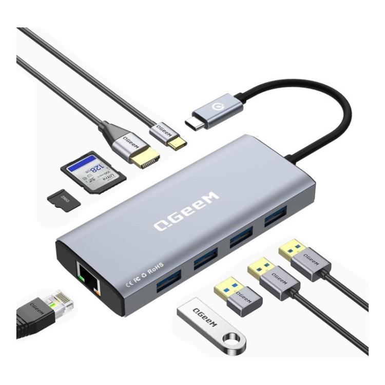 QGeeM 9 In 1 USB-C/Type-C Docking Station Hub RJ45+4K 30Hz HDMI+PD 85W+USB2.0/USB3.0+SD/TF, RJ45 Version