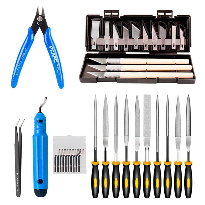 Kit di strumenti per stampante 3D: strumenti per la pulizia del modello, coltello da intaglio, lima, rifilatrice per bordi e accessori per la lucidatura., 36 In 1