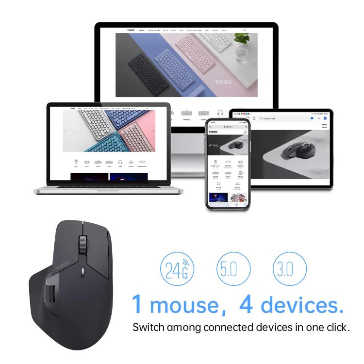 Rapoo Wireless Triple Mode Mice Ergonomic Desktop Laptop Business Office Mouse, MT760 Black, MT760mini Black, MT760 Gray, MT760mini Gray, MT760 Pink, MT760mini Pink