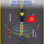 Sistema radar di rilevamento dell'angolo cieco per motociclette a 24 GHz con portata di 30 metri e assistenza al cambio di corsia per una guida sicura.
