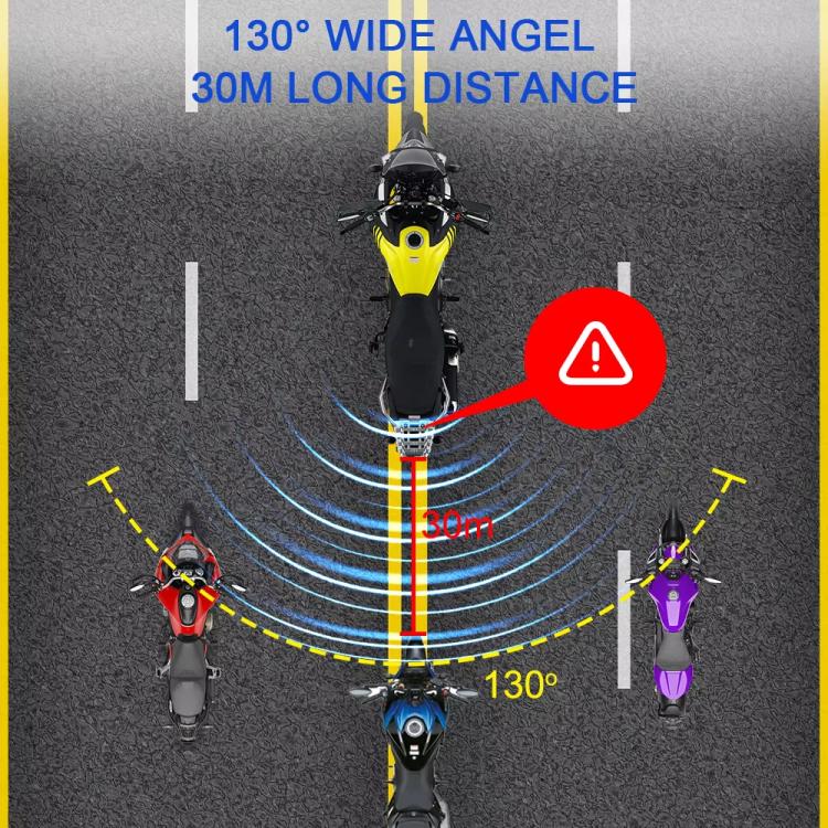 Sistema radar di rilevamento dell'angolo cieco per motociclette a 24 GHz con portata di 30 metri e assistenza al cambio di corsia per una guida sicura.